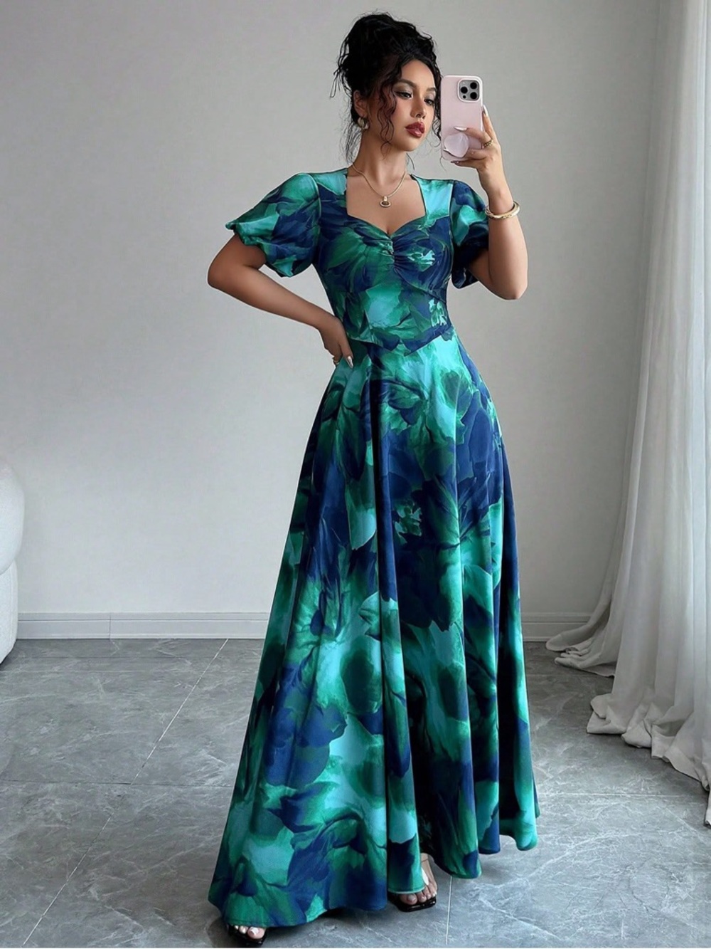 SHEIN Emerald & Navy Floral Sweetheart Maxi Dress